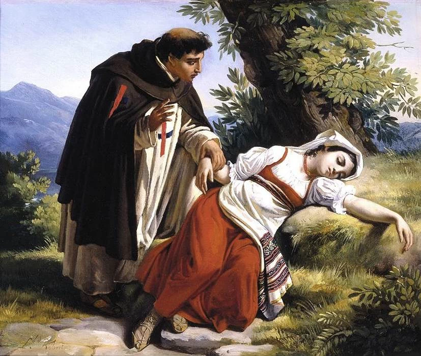 Giovane monaco che sveglia una contadina romana